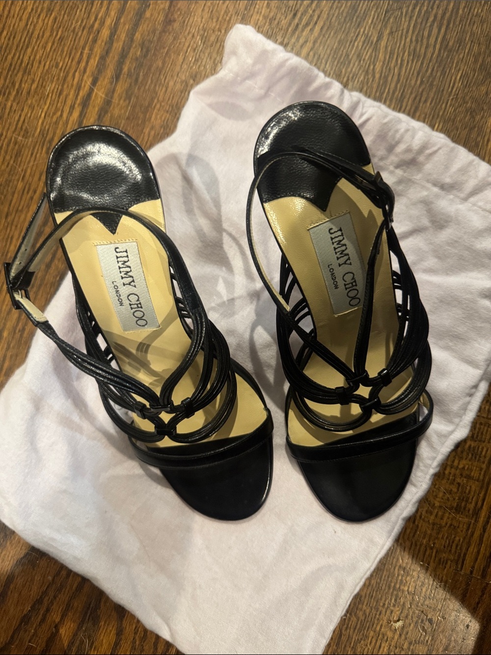Jimmy Choo/Black Strappy Open-Toe High Heels 3.5”/US 6.5/NEVER WORN! Dust bag!